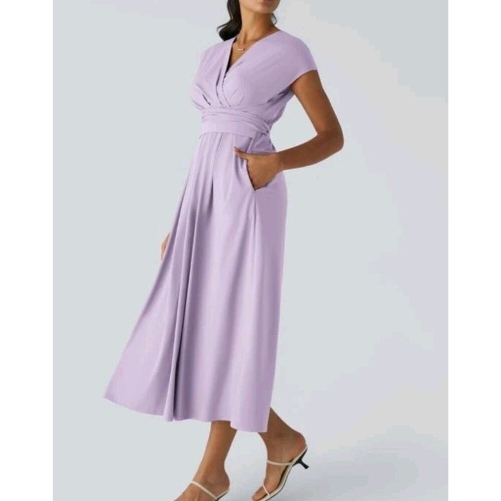NEW Halara Breezeful V-neck Short Sleeve Dress M Pockets Tie Back Midi Lavender